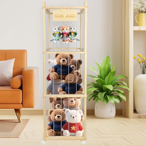 DUOQNY Stuffed Animal Storage, Wood Plush Toy Storage Organizer, Large Capacity Toy Cage with DIY Plaque Hang Small Objects, Gift for Nursery Playroom Kidroom Bedroom (54-Inch)
