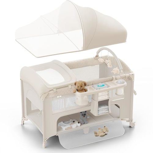 Obee Odee 4 in 1 Baby Bassinet, Pack and Play, Bedside Crib Sleeper, Diaper Changer - Comes with Mattress, Mosquito Net, Bottom Storage and Toy Bar for Newborn to Toddles