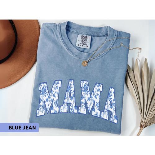 Comfort Colors® Mama Shirt, Toile Floral Mom T-Shirt, Blue Chinoiserie Boy Mama Top, Pregnancy Announcement Tee, Mother’s Day Gift For Her