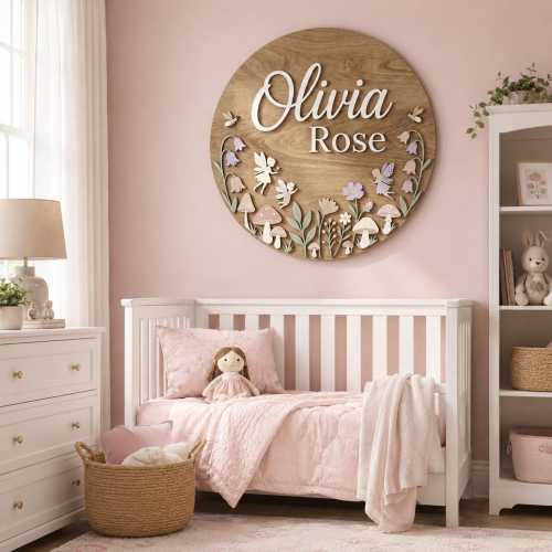 Personalized Fairy Garden Nursery Name Sign, Custom Wooden Baby Name Sign, Floral Mushroom Wall Decor, Girls Room Decor, Baby Shower Gift