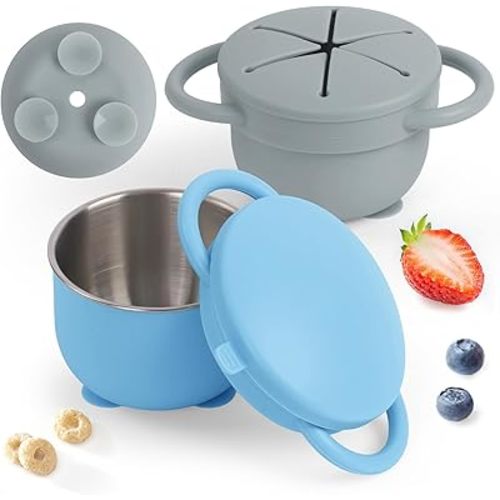 Daximo 2 Pack Toddler Snack Cups with Suction Base — 4-in-1 Detachable Stainless Steel Cups, Snack Cups for Toddlers Spill Proof with Silicone Lids & Handles for Mess-Free Snacking