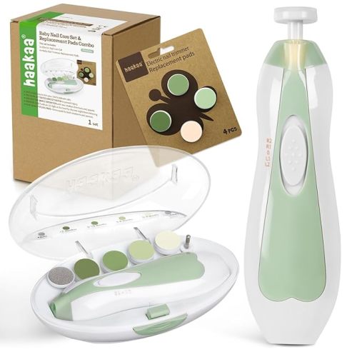 haakaa Baby Nail Trimmer Electric Baby Nail Clippers Kit for Newborn, Toddler or Adults Fingernails and Toenails Care, Baby Nail Care Set & Extra 4 Replacement Pads Combo - Meadow
