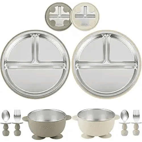 PandaEar 8PCS Baby Feeding Set | Stainless Steel Suction Plates and Bowls with Silicone Fork and Spoon Utensils | Baby Led Weaning Tableware for Toddlers & Kids (Tan & Walnut)