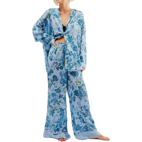 LILTWIST Silk Satin Pajamas Set for Women 2 Piece Floral Pjs Wide Leg Lounge Pants Set Long Sleeve Button down Pj Shirts Set