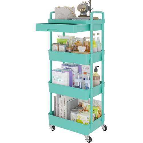Calmootey 4-Tier Rolling Utility Cart with Drawer,Multifunctional Storage Organizer with Plastic Shelf & Metal Wheel,Storage Cart for Kitchen,Bathroom,Living Room,Office,Green