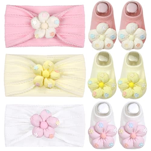 MIUXUESO Baby Girls Headbands and Socks Newborn Flower Hairbands Non-Slip Grips Socks Nylon Hair Accessories Infants and Toddlers (White, 6-12 Months)