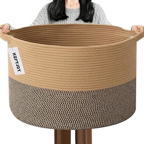 65L Large Blanket Basket,19.7" L x 19.7" W x 13" H Rope Woven Baskets with Handles, Toys Storage Bins,Laundry Basket Perfect for Living Room, Nursery,Bedroom,Home Organization,Jute&Black