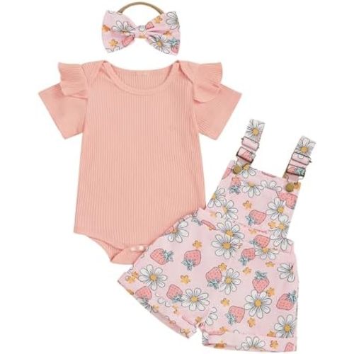 Toddler Baby Girl Overalls Clothes Ribbed Ruffle Sleeve Romper Top Daisy Suspender Jumpsuit Shortall Summer Outfit