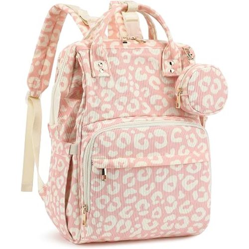 Corduroy Diaper Bag Backpack, Large Capacity Multifunction Baby Diaper Bags for Women, Insulated Bottle Pockets & Pacifier Case, Stylish Travel Nappy Changing Bags for Mom Dad (Leopard Pink)