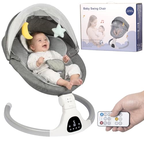 JFOVMCYG Electric Baby Swing for Infants 0-9 Months, Portable Infant Swing with 5 Swing Speeds, Bluetooth Audio, Remote Control, Washable Seat Cover, Gray, Up to 20 lbs