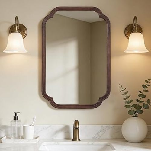 WallBeyond 20" x 30" Rounded Corner Arch Wall Mirror with Wood Frame for Entryway, Living Room or Bedroom Home Decor - Light Woodgrain [20" x 30" Walnut]