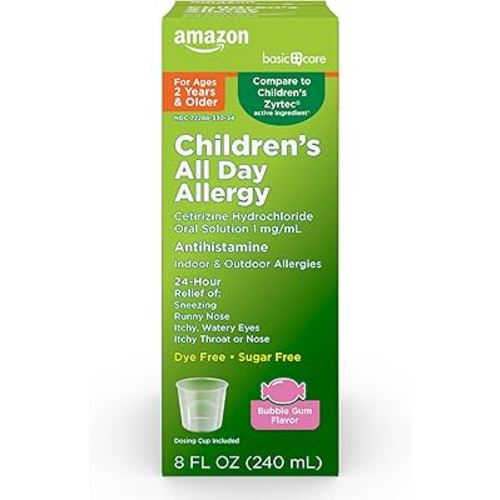 Amazon Basic Care Children's All Day Allergy Relief Medicine, Cetirizine Hydrochloride Oral Solution 1 mg/mL, BubbleGum Flavor, Dye Free, Sugar Free, 8 fl oz (Pack of 1)