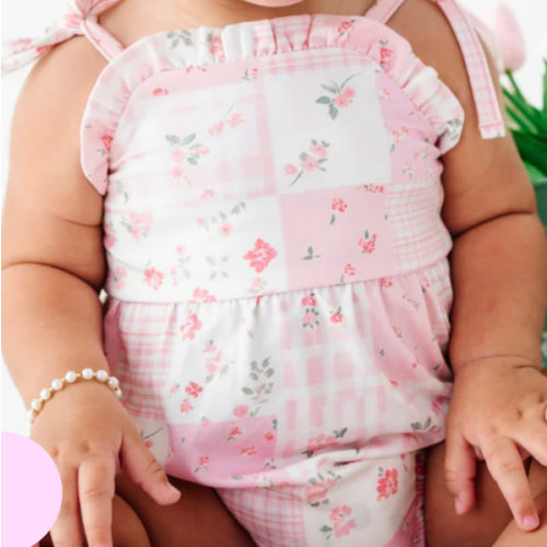 Pink Patchwork Bubble Romper | Bamboo Baby Romper | Birdie Bean