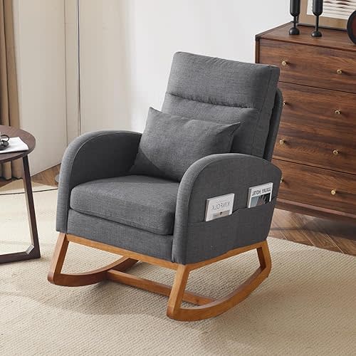 VINGLI Beige Linen Nursery Rocking Chair with Thick Headrest,Mid-Century Modern Nursing Rocker,Upholstered Glider with Curved Armrest, Sturdy Solid Wood Base for Living Room, Bedroom, Baby Room