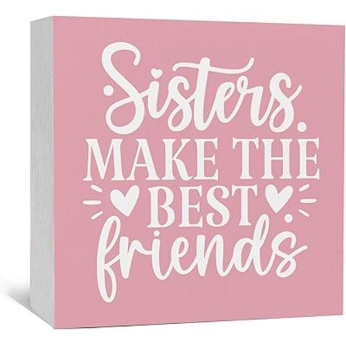 Sisters Make The Best Friends Signs, Nursery Girl Room Wooden Box Sign, Girls Playroom Signs for Home Decor, Pink Nursery Toddler Girl Kids Bedroom Decor,5x5