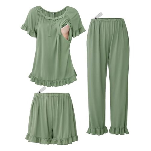 SUNNYBUY 3Pcs Ruffle Trim Postpartum Nursing Pajamas Set with Bowknot, Maternity Breastfeeding PJS Pregnancy Sleepwear