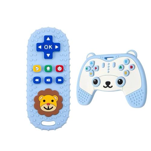Baby Teething Toy, Soft TV Remote and Game Controller Shape Chew Set, Educational Toy for Intellectual Development, Safe Silicone for Toddler and Infant (Blue (Panda Handle + Lion Remote Control))