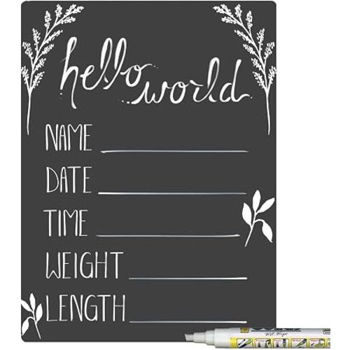 Cohas Hello World Newborn Baby Announcement Sign with Chalkboard Style Surface, 9 by 12 Inches, White Marker