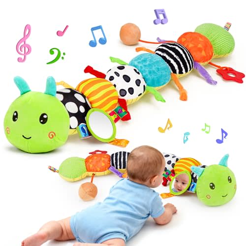 Topsochir Baby Sensory Toy 0-6 Month Music Animal Stuffed Plush Caterpillar Toy for Infant 0-3-6-12 Month Old Tummy Time with Baby Mirror Crinkle Rattle Carseat Toys for Newborn Boys Girl Shower