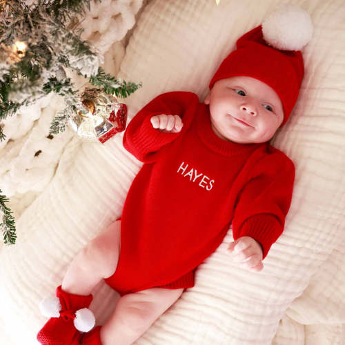 Personalized Knit Sweater Bubble Romper | Red