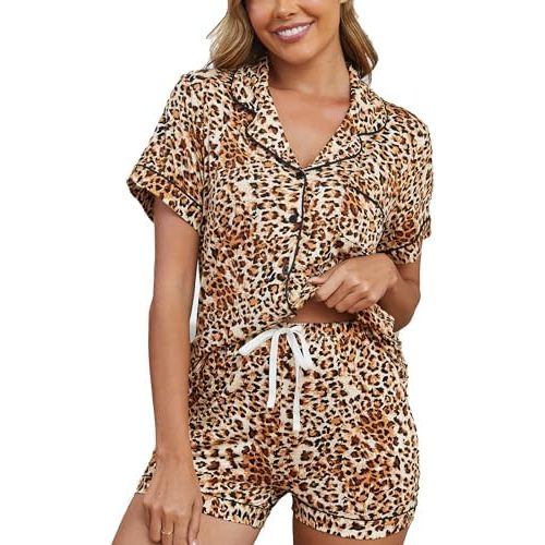 Womens Pajama Sets Short Sleeve Sleepwear Soft Button Down Nightwear Lounge Pj Set XS-XXL