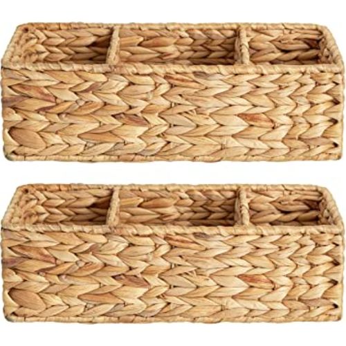 StorageWorks Wicker Basket Tank Topper, Wicker Storage Basket for Shelves, Toilet Paper Basket for Back of Toilet Tank Top, 3-Section Water Hyacinth Storage Baskets, 2-Pack