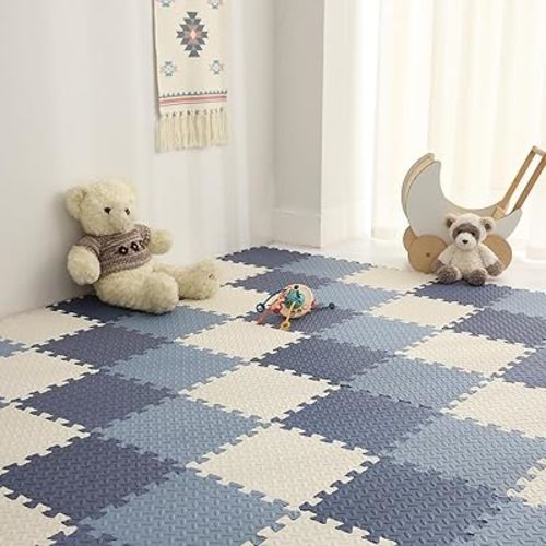 Foam Play Mat for Baby, 0.4 Inch Thick Foam Interlocking Floor Mats, Soft Non-Toxic Baby Playmat, Puzzle Play Mat Kids Floor Mats for Toddler, 16 Tiles(White/Dark Blue/Gray Blue)