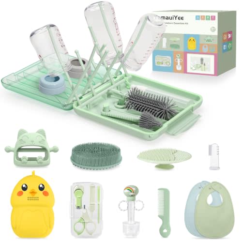 Baby Essentials Kit,19-in-1 Baby Shower Gifts & Registry Newborn Travel Kit | Baby Grooming Kit for Shower Cleansing Care with Bottle Brush Set,Nail Clipper & Baby Bibs,Teether,Bath Brush,Storage Box