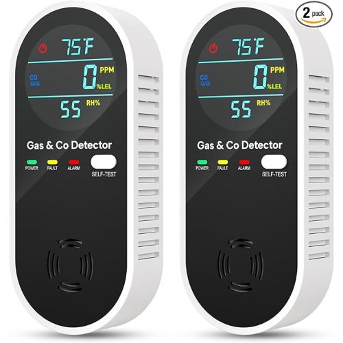 4-in-1 Natural Gas Leak Detector & Carbon Monoxide Detectors with Natural, Propane, Co & Gas Leak Detector - Carbon Monoxide Detectors Plug in -Temperature & Humidity Detectors for Home, RV (2 Packs)