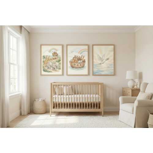 Noah's Ark Nursery Wall Art Set of 3, Triptych Bible Story Prints, Complete Christian Nursery Decor, Baptism Gift Idea, Digital Download