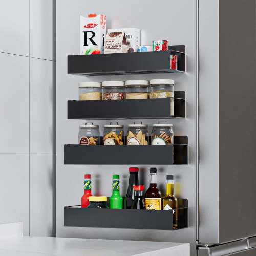 TINANA Magnetic Spice Rack Organizer, 4 Pack Moveable Fridge Spice Shelves for Refrigerator and Oven, Refrigerator Shelf-Black