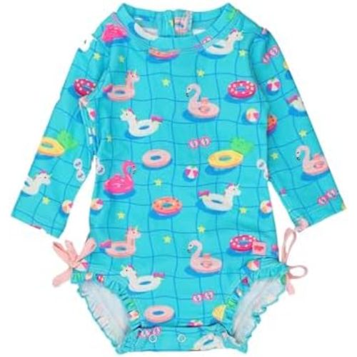 RuffleButts Baby Girls UPF 50+ Sun Protection Gingham Printed Long Sleeve One Piece Rash Guard Swimsuit with Zipper