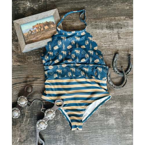 All Things Western One-Piece Scalloped Swimsuit (Baby, Toddler, & Youth) - Navy Blue