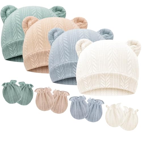 BQUBO Newborn Baby Hats Bear Ears and Mittens Sets Preemie Caps Baby Boy Girl Infant Hospital Beanie for 0-3 Months