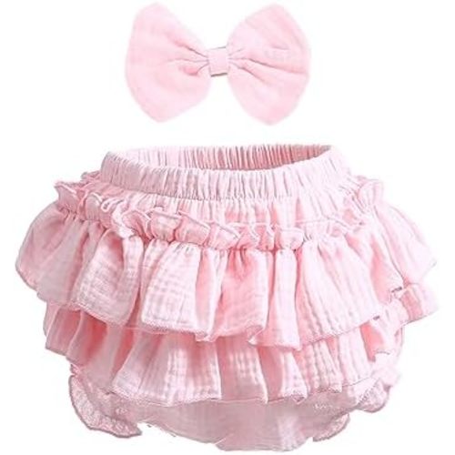 Newborn Infant Baby Girl Cotton Bloomers and Bows Toddlers Ruffle Shorts Diaper Covers Headband Set