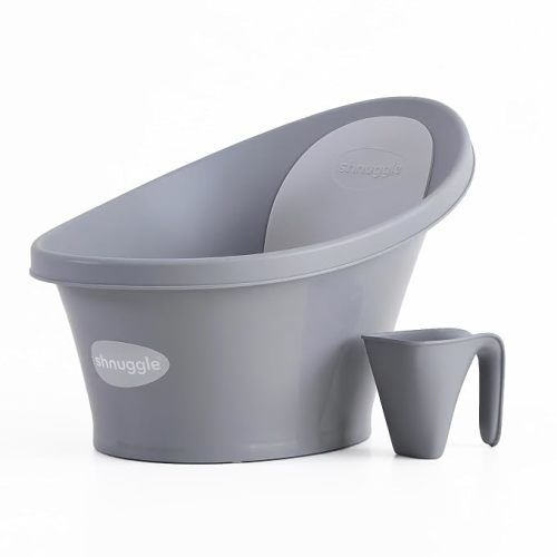 Shnuggle Newborn Bath Essentials Bundle | Baby Bath with Support Bump and Soft Backrest & Rinse Jug | Safe, Gentle, and Stylish Bathtime Set for Babies & Toddlers | Pebble Grey