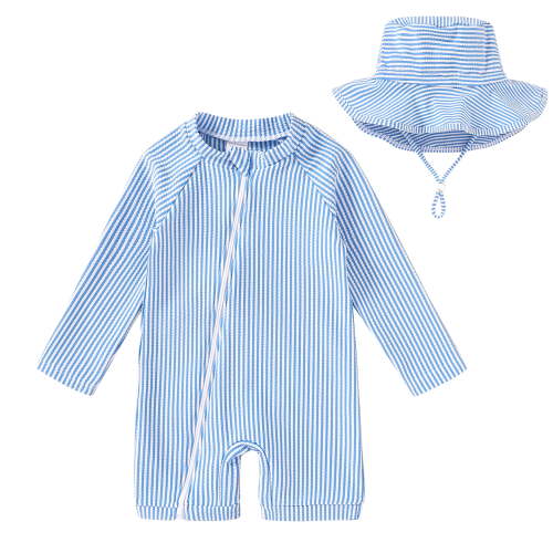 Younger Tree Baby Boys Swimsuit Toddler Long Sleeve Rash Guard Swimwear One Piece Zipper Bathing Suit with Hat,Size 3-6 Months