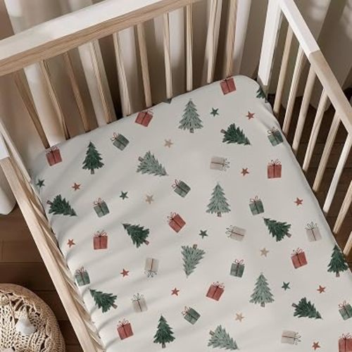 Christmas Trees Winter Holiday Stars Pattern Baby Sheets for Crib, Unisex Christmas Nursery Fitted Bed Sheet for Boys Girls Standard Crib and Toddler Mattress-28x52