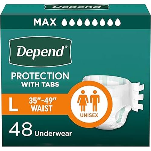Depend Adult Diapers with Tabs, Incontinence Protection with Tabs, Unisex, Large (35–49" Waist, over 170 lbs), Maximum Absorbency, 48 Count (3 Packs of 16)