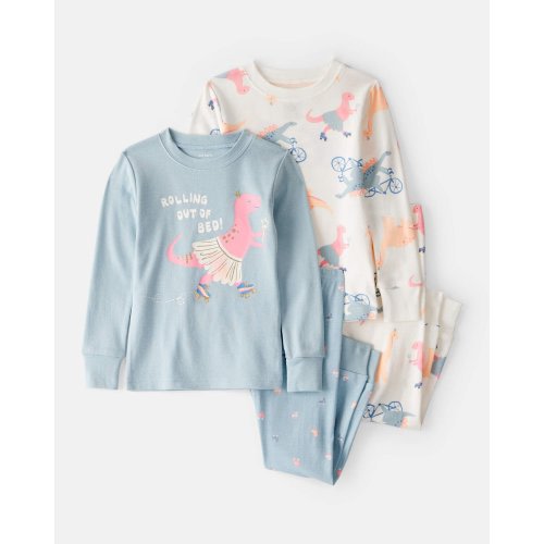 Baby Girl Dinosaur Print 100% Cotton Long-Sleeve 4-Piece Pajamas - Blue/White - Carter's | Carter's