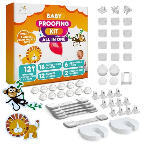 Baby Proofing Kit, All in One, Child Safety Kit, 67 Piece Pack | Magnetic Cabinet Locks, Power Point Outlet Covers, Corner Bumpers Protectors, Strap Locks, Finger Pinch Guards, Bath Toys