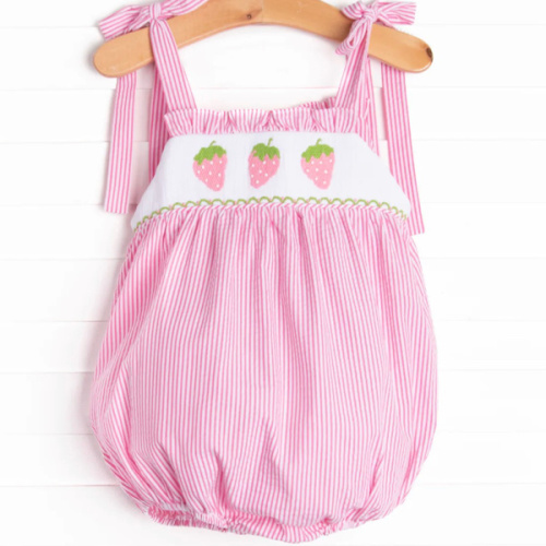 Strawberry Seersucker Smocked Bubble, Pink – Stitchy Fish