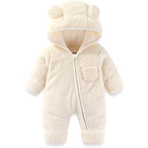 Newborn Baby Bear Outfit With Fold-Over Mittens and Footies Girls Boys Winter Fleece Clothes Hooded Romper Snowsuit