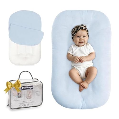 Baby Lounger for Newborn - Snuggle Cozy Me Lounger | Breathable Soft Cotton, 0-24 Months Portable Playtime Baby Nest, Newborn Baby Essentials Gifts- Blue (1 Lounger + 1 Cover)