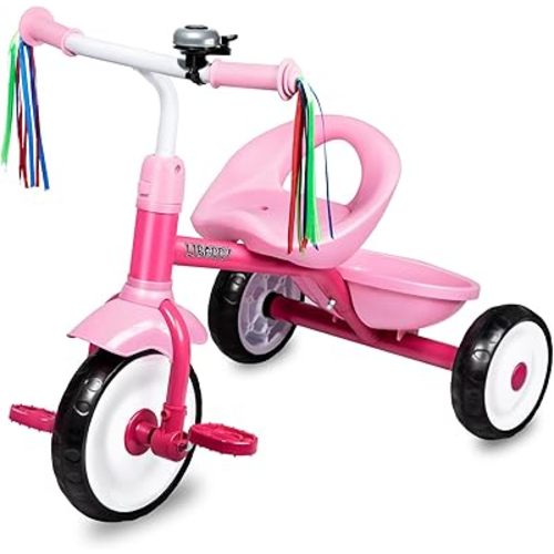 Liberry Toddler Tricycle Age 2 3 4 Years Old, Kids Trike with Bell, Back Basket and Removable Pedal, 3 Wheel Bike Birthday Toys Gift for Girls Boys, Pink