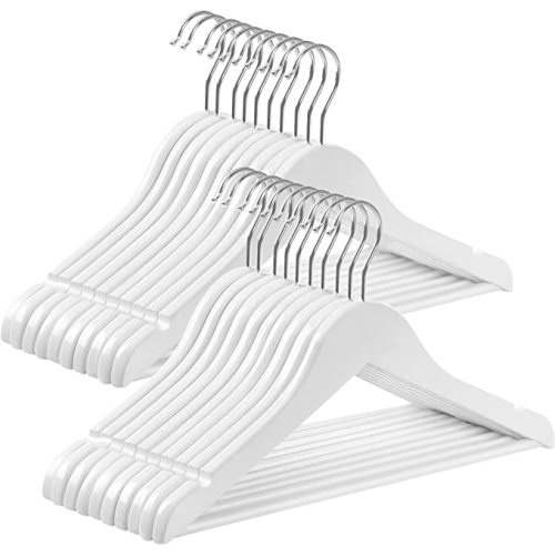 SONGMICS Kids Wooden Hangers 20 Pack, Solid Wood Baby Hangers, Children's Coat Hangers with Pants Bar, Shoulder Notches, Swivel Hooks, 12.6 x 7.5 Inches, White and Silver UCRW006W20