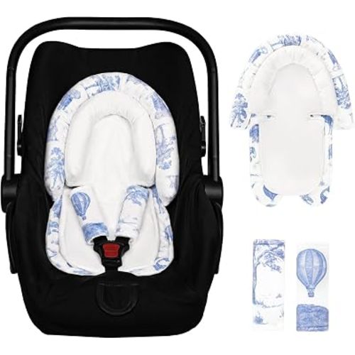 Baby Car Seat Head Support with Extra Headrest, 2-in-1 Babybody Supports with Shoulder Pads Set for Newborn, Adjustable Infant Car Seat Insert Compatible with Stroller, Baby Swing (Blue Animal)