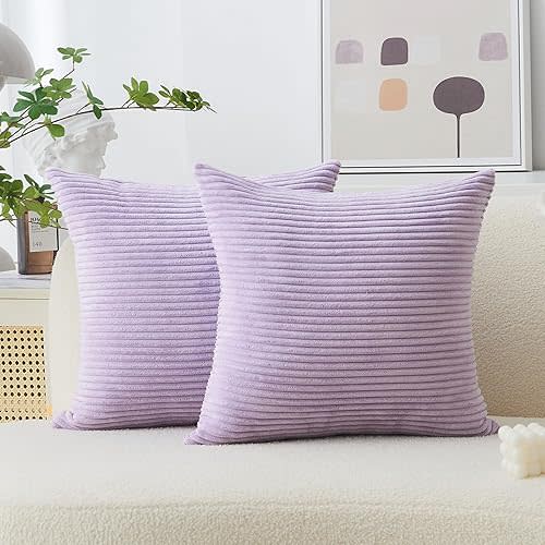 Home Brilliant Light Purple Pillow Covers 18x18 Set of 2 Striped Corduroy Throw Pillow Covers Cushion Covers for Office Couch Chair Bedroom, 18x18 Inch, Lavender