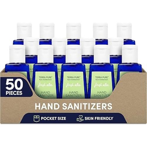 Terra Pure Hand Sanitizer Gel, 1 oz 50 Pack, Alcohol Free Silver Citrate Formula with Aloe Vera and Vitamin E, Non Drying Bulk Travel Size for Hotels, Gyms, Schools, Offices, Events