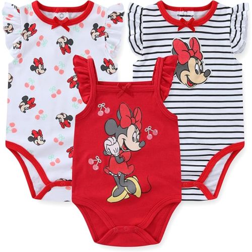 Disney Minnie Mouse Baby Girls 3 Pack Bodysuit for Newborn and Infant